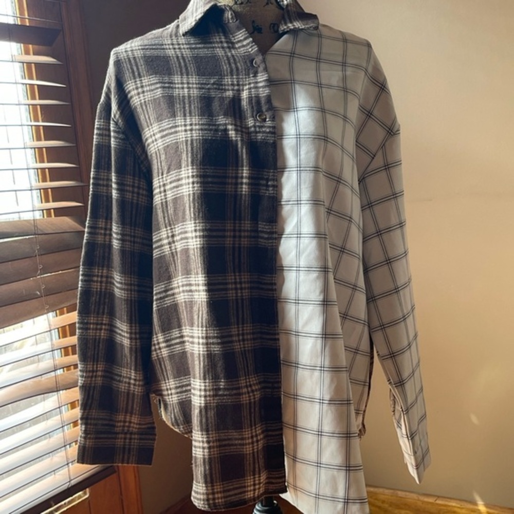 Half White Half Brown SHEIN Flannel Patterned Shirt